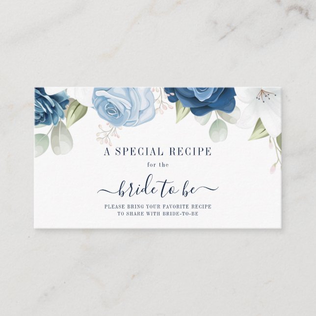 Tarjeta De Recepción Duste Blue Floral Bridal Shower Receta Especial (Anverso)