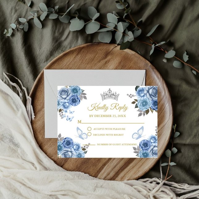 Tarjeta De Recepción Duste Blue Floral Butterfly Gold Quinceanera RSVP (Subido por el creador)