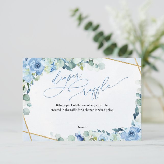 Tarjeta De Recepción Duste Blue Floral Gold Geometric Diaper Raffle (Anverso de pie)
