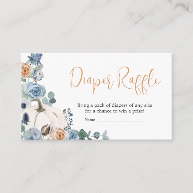 Tarjeta De Recepción Duste Blue Floral White Pumpkin Diaper Raffle (Anverso)