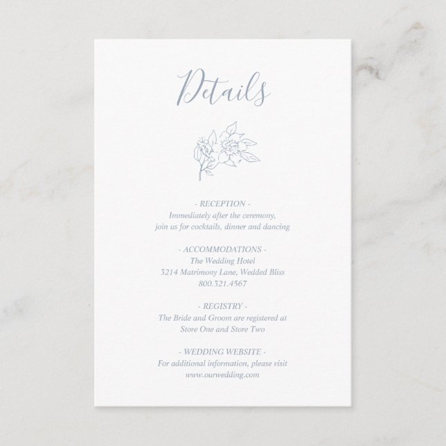 Tarjeta De Recepción Duste Blue Line Arte Floral Elegante Boda (Anverso)