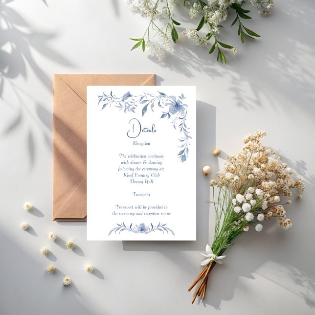 Tarjeta De Recepción Duste lazo de vegetación floral azul elegante boda (Dusty blue floral greenery ribbon elegant wedding details enclosure card wedding invitation suite)