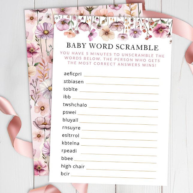 Tarjeta De Recepción Duste Pink Wildflower Baby Word Scramble - Boho Fl (Baby Word Scramble)