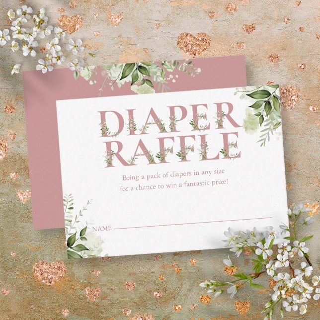 Tarjeta De Recepción Duste Rosa verde rosa Diaper Raffle Baby Shower (Dusty Rose Pink Greenery Diaper Raffle Baby Shower Enclosure Card)