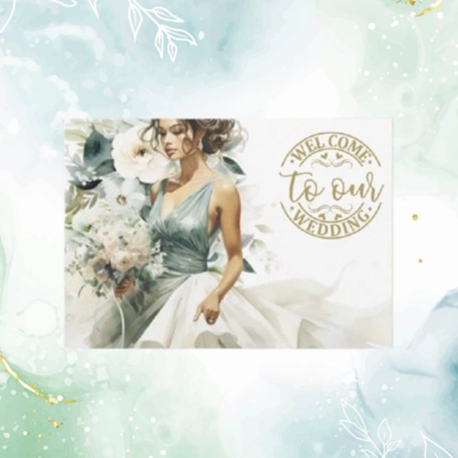 Tarjeta De Recepción Dusty azul Eucaliptus verde de bienvenida de oro d (Welcome guests in style with our Wedding Gold Welcome Dusty Blue Eucalyptus Green Enclosure Card. )