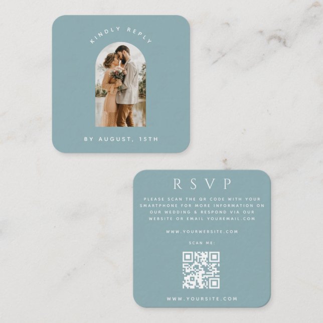 Tarjeta De Recepción Dusty Blue Arch Foto Código QR Boda en línea RSVP (Anverso / Reverso)