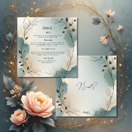 Tarjeta De Recepción Dusty Blue Beige Boho Chic foliage wreath Wedding