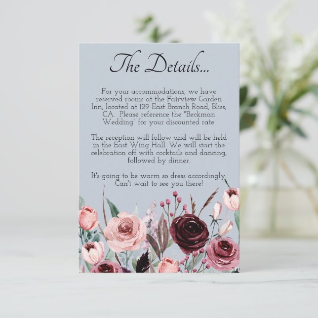 Tarjeta De Recepción Dusty Blue Botanical Elegant Wedding Details Card (Anverso de pie)