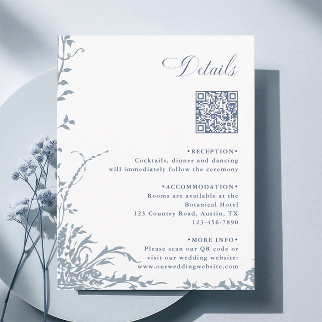 Tarjeta De Recepción Dusty Blue Botanical Wedding QR Code Details (Subido por el creador)