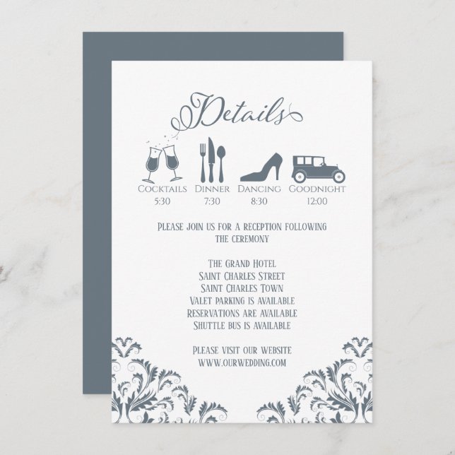 Tarjeta De Recepción Dusty Blue Calligraphy Boda Detalles Elegantes (Anverso / Reverso)