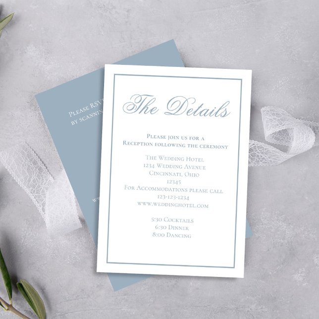 Tarjeta De Recepción Dusty Blue Calligraphy Details RSVP (Dusty blue wedding rsvp card with scannable QR code template. )