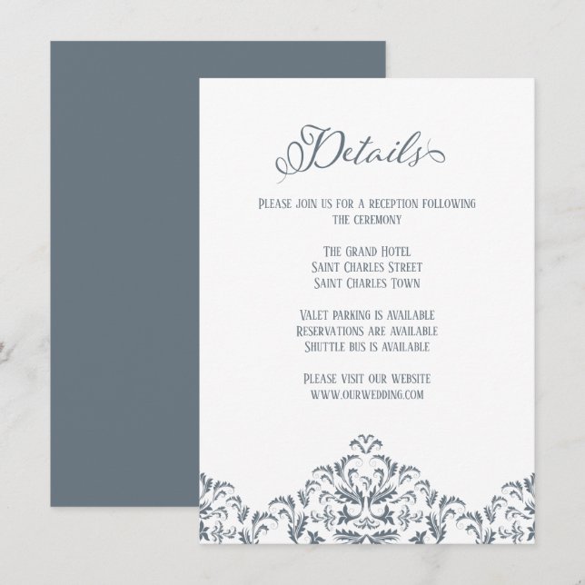 Tarjeta De Recepción Dusty Blue Calligraphy Elegant Wedding Details (Anverso / Reverso)