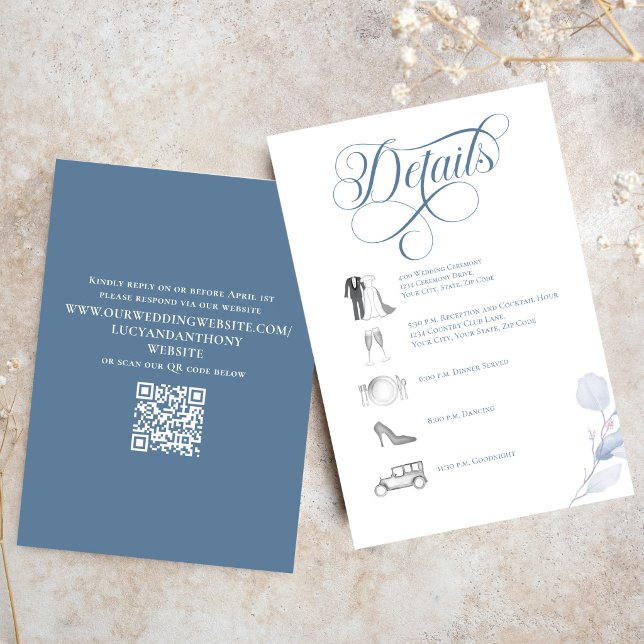 Tarjeta De Recepción Dusty Blue Calligraphy QR Code Wedding Details (Dusty blue calligraphy wedding details card with timeline icons and elegant layout)