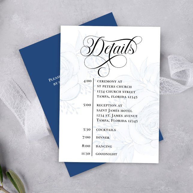 Tarjeta De Recepción Dusty Blue Calligraphy QR Code Wedding Details (Elegant dusty blue floral wedding details card with modern calligraphy and timeline layout)