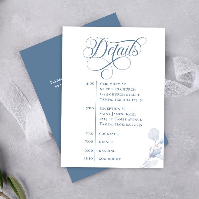 Tarjeta De Recepción Dusty Blue Calligraphy QR Code Wedding Insert (Elegant dusty blue wedding details card with QR code and calligraphy timeline design)