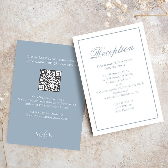 Tarjeta De Recepción Dusty Blue Calligraphy Script Reception RSVP (Dusty blue wedding reception card with a scannable QR Code. )