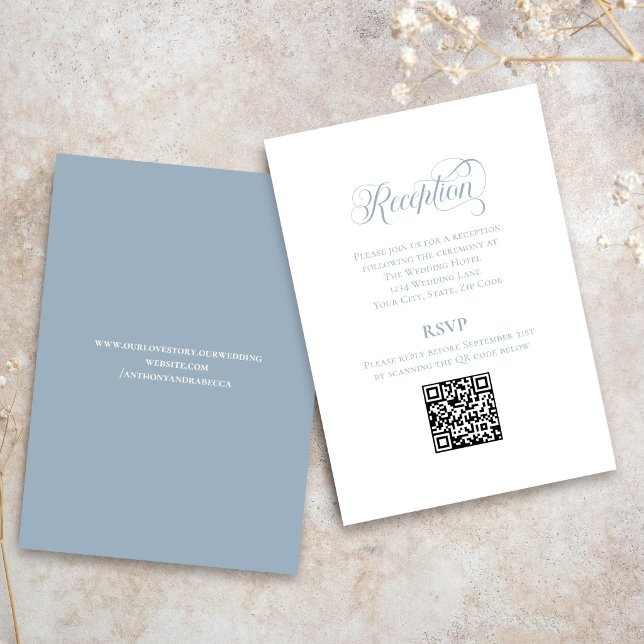 Tarjeta De Recepción Dusty Blue Calligraphy Wedding QR Code RSVP (Elegant dusty blue QR code RSVP card with modern calligraphy wedding design)