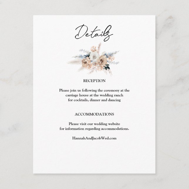 Tarjeta De Recepción Dusty Blue Champagne Floral Boho Boda (Anverso)
