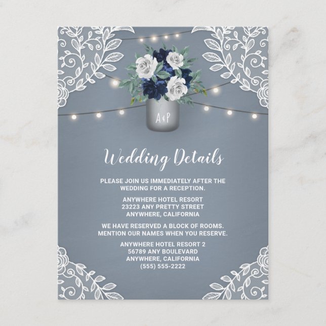 Tarjeta De Recepción Dusty Blue Country White Lace Mason Jar Boda (Anverso)