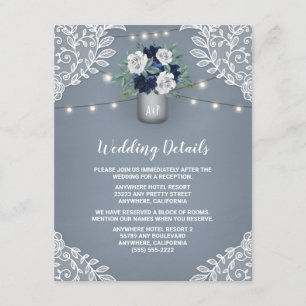 Tarjeta De Recepción Dusty Blue Country White Lace Mason Jar Boda
