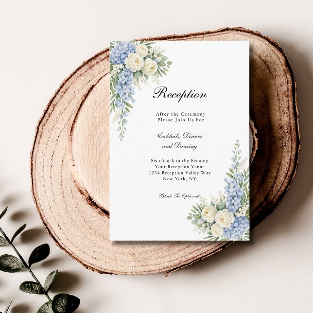 Tarjeta De Recepción Dusty Blue Cream Floral Wedding Reception  (Dusty Blue, cream watercolor florals wedding reception enclosure card)