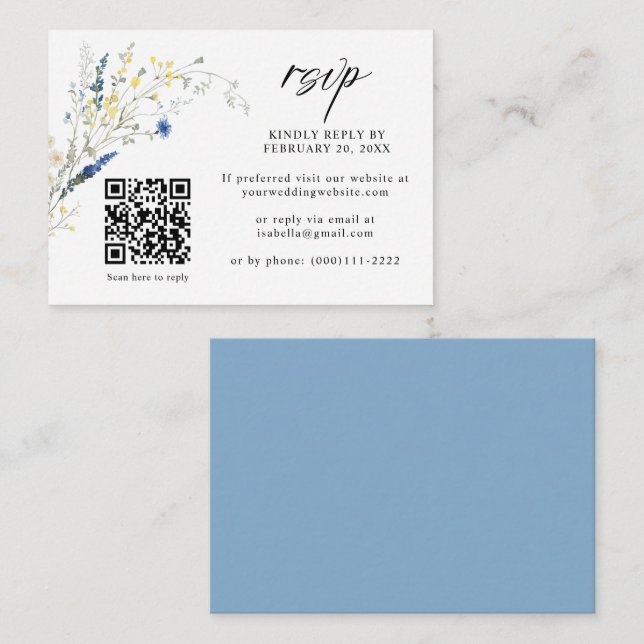 Tarjeta De Recepción Dusty Blue Dainty Floral Código QR Boda RSVP (Anverso / Reverso)