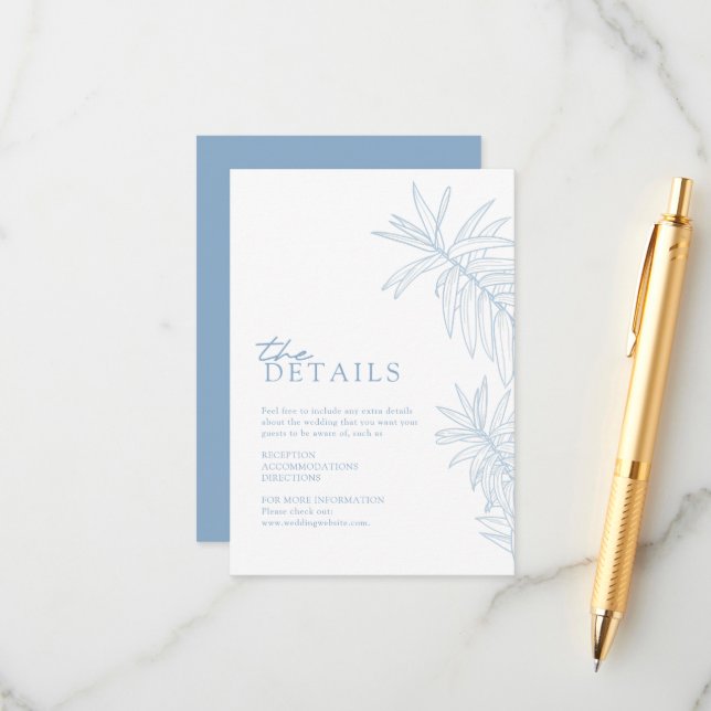 Tarjeta De Recepción Dusty Blue Elegant Botanaves Detalles (Anverso/Reverso In Situ)