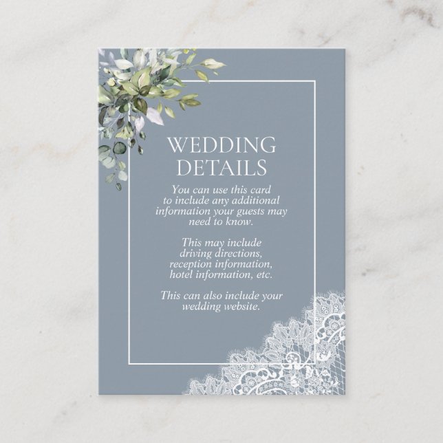 Tarjeta De Recepción Dusty Blue Eucalyptus Botanical Lace Detalles (Anverso)