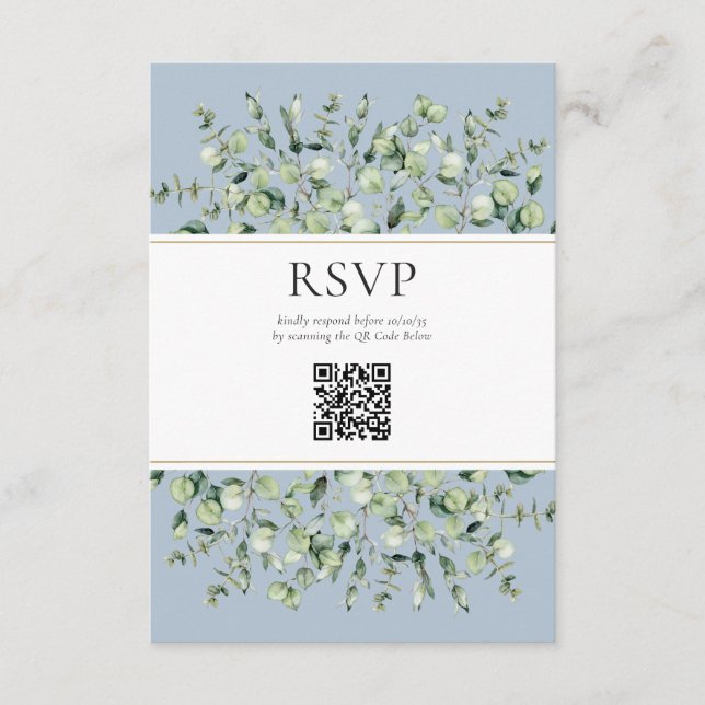 Tarjeta De Recepción Dusty Blue Eucalyptus Código QR Boda RSVP (Anverso)