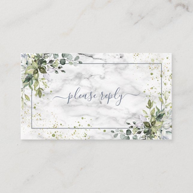 Tarjeta De Recepción Dusty Blue Eucalyptus Greenery Marble Wedding RSVP (Anverso)