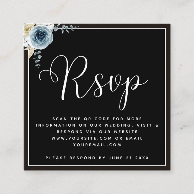 Tarjeta De Recepción Dusty Blue Floral Black Wedding RSVP Código QR (Anverso)