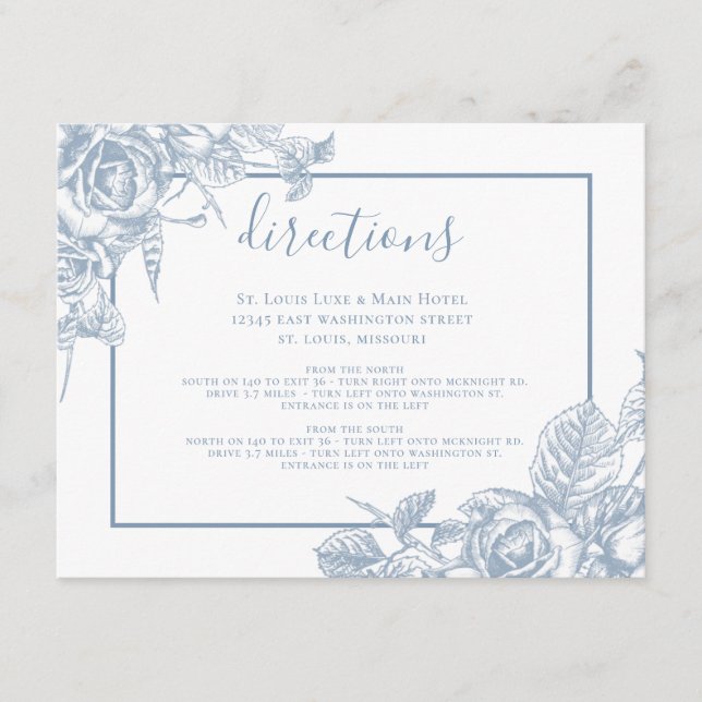 Tarjeta De Recepción Dusty Blue Floral Boda Direcciones (Anverso)