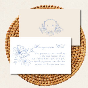 Tarjeta De Recepción Dusty Blue Floral Escudo Monogrammed Honeymoon Wis