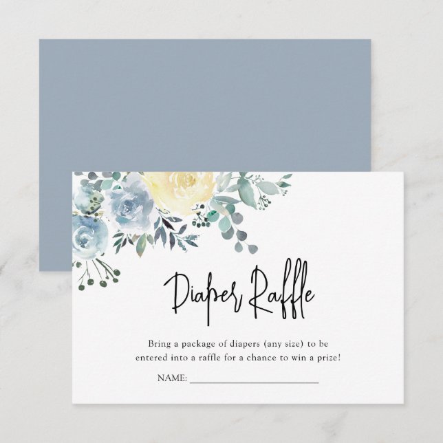 Tarjeta De Recepción Dusty Blue Floral Greenery Boy Diaper Raffle (Anverso / Reverso)