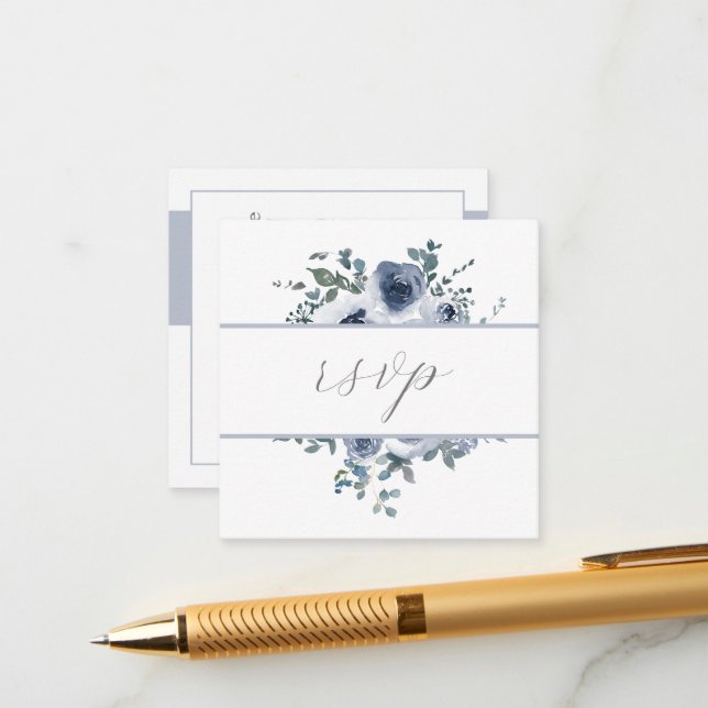 Tarjeta De Recepción Dusty Blue Floral & Grey QR Code RSVP Card (Anverso/Reverso In Situ)
