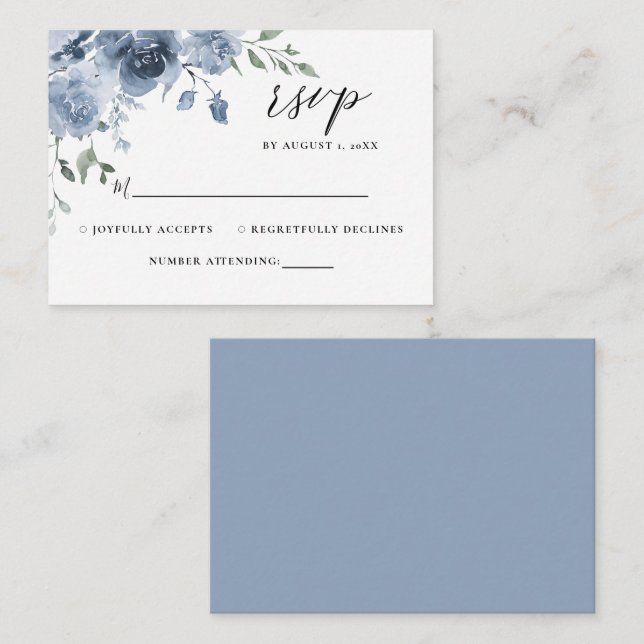 Tarjeta De Recepción Dusty Blue Floral Slate Blue Pastel Wedding RSVP (Anverso / Reverso)