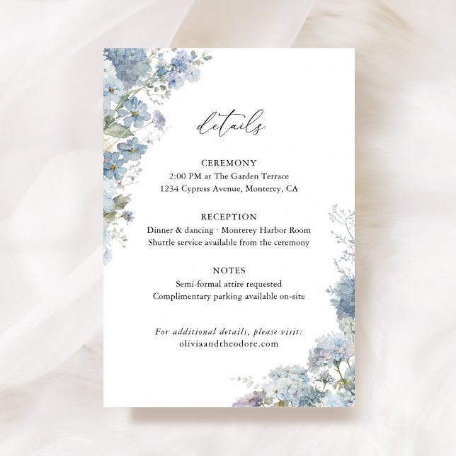 Tarjeta De Recepción Dusty Blue Floral Wedding Details, Info (Dusty blue floral wedding details card, watercolor hydrangea ceremony reception info enclosure)