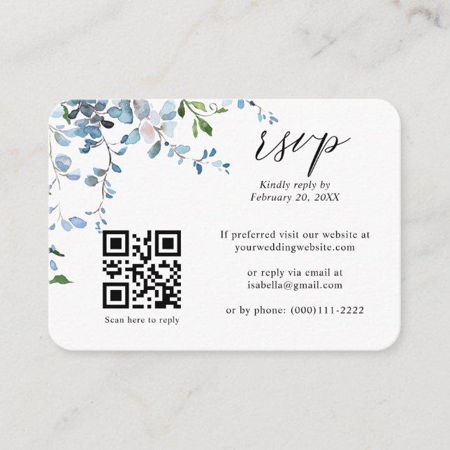 Tarjeta De Recepción Dusty Blue Floral Wisteria Código QR Boda RSVP (Anverso)