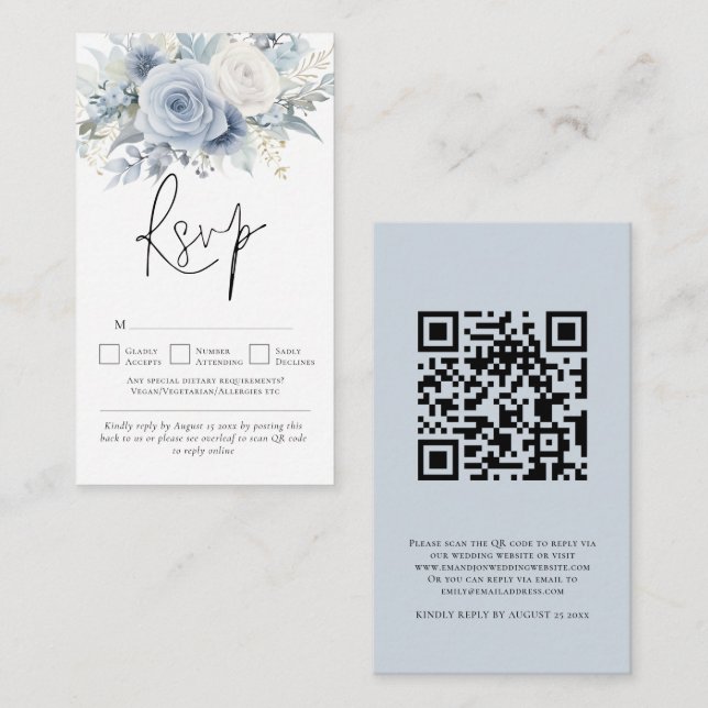 Tarjeta De Recepción Dusty Blue Florals Código QR Boda RSVP (Anverso / Reverso)