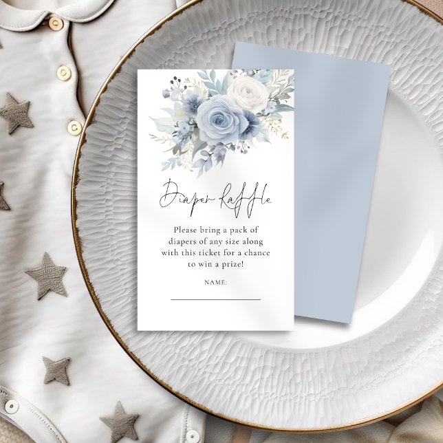 Tarjeta De Recepción Dusty Blue Florals Diaper Raffle Baby Shower (Front and Back View)