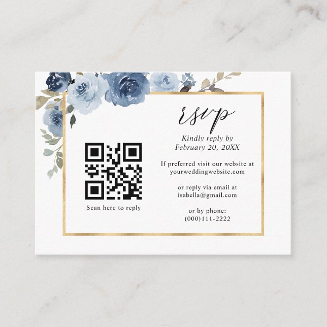 Tarjeta De Recepción Dusty Blue Gold Frame Floral QR Boda de código RSV (Anverso)