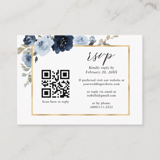 Tarjeta De Recepción Dusty Blue Gold Navy Floral QR Boda de código RSVP (Anverso)