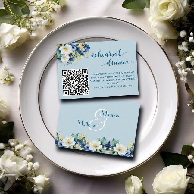 Tarjeta De Recepción Dusty Blue Gold Purpurina QR Código cena de ensayo (Subido por el creador)