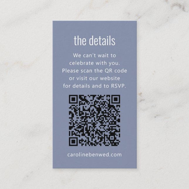 Tarjeta De Recepción Dusty Blue Gray Modern Minimal Wedding Details QR  (Anverso)