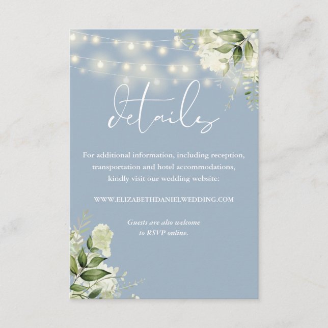 Tarjeta De Recepción Dusty Blue Greenery String Lights Bodas Detalles (Anverso)