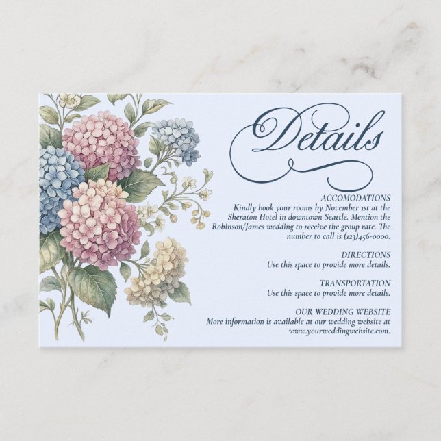 Tarjeta De Recepción Dusty Blue Hydrangea Flowers Wedding  (Anverso)