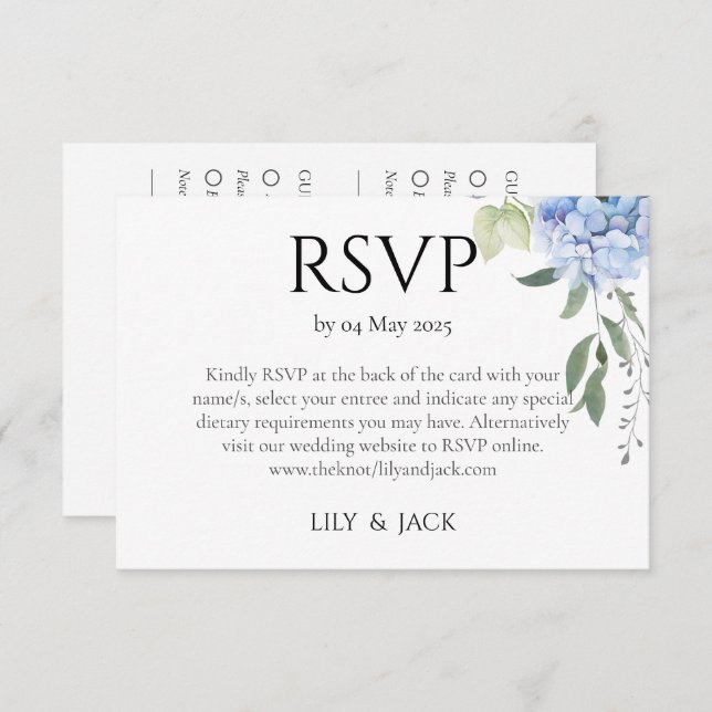 Tarjeta De Recepción Dusty Blue Hydrangea Wedding RSVP (Anverso / Reverso)
