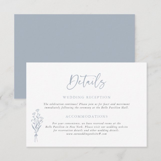 Tarjeta De Recepción Dusty Blue Minimailist Bouquet Boda Detalles (Anverso / Reverso)