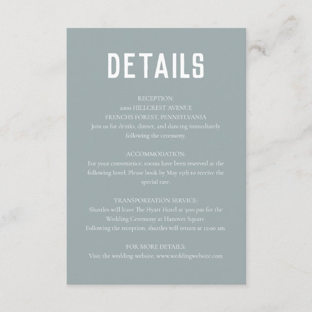 Tarjeta De Recepción Dusty Blue Modern Minimal Boda (Anverso)