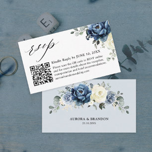 Tarjeta De Recepción Dusty Blue Navy Champagne código QR de marfil RSVP